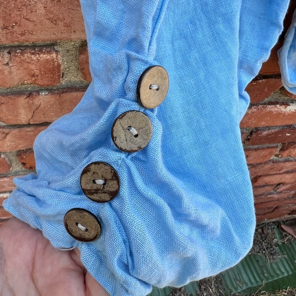 Baby Blue Linen Cropped Pants Bloomers With Button Details Lagenlook - Picture 6 of 6